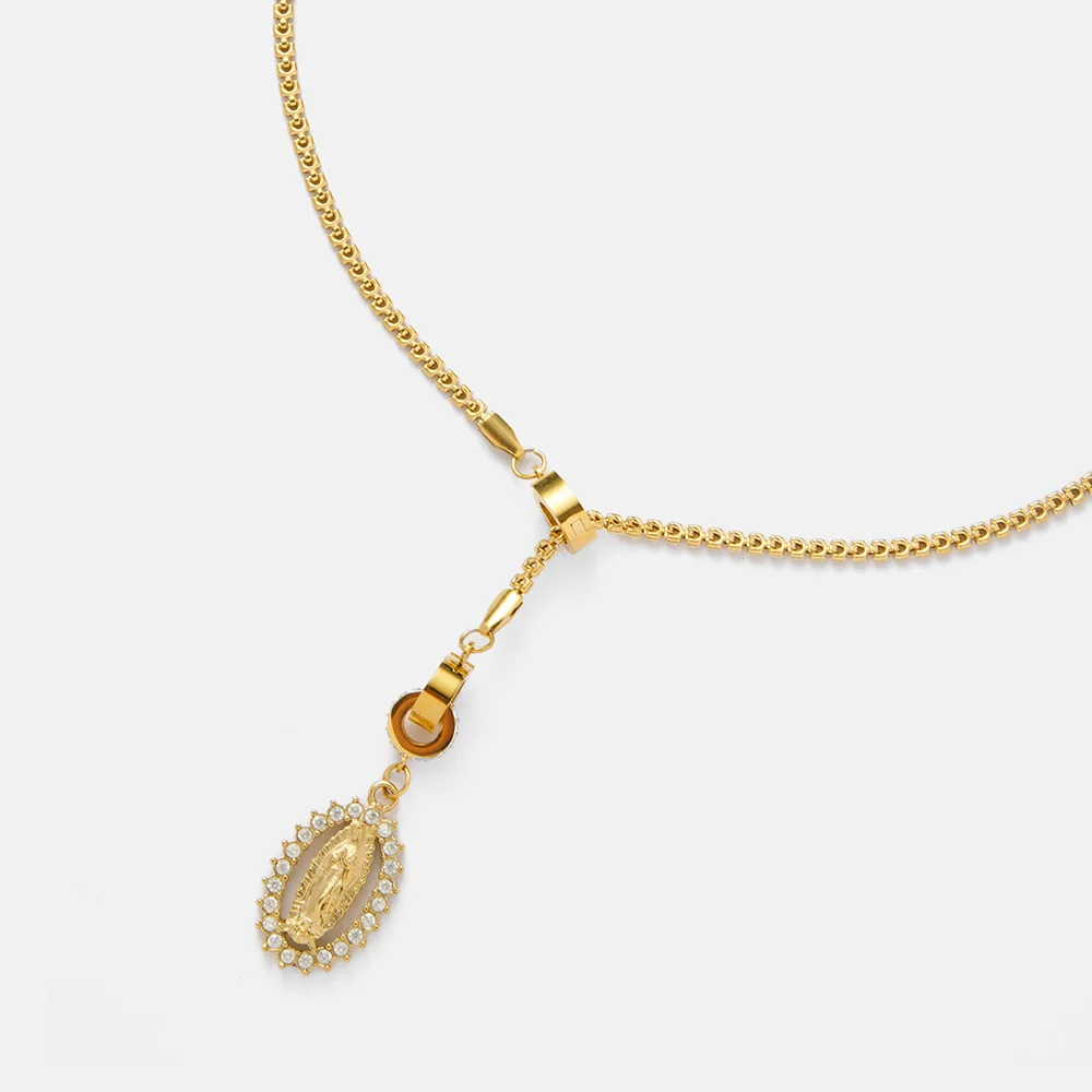 Religious Jewelry Waterproof Fishbone Chain 18K Gold Plated Stainless Steel Cubic Zirconia Virgin Mary Pendant Necklace YF5153