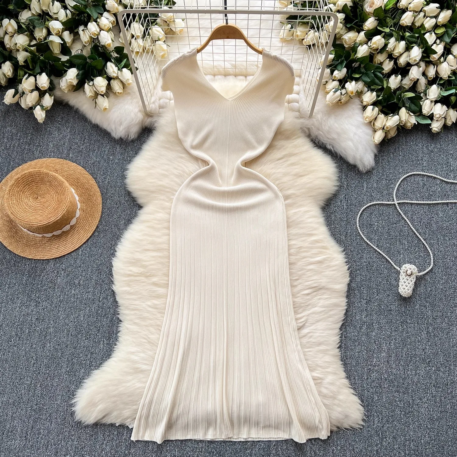 YuooMuoo Casual Comfy Knitted Long Dress Women Summer V-neck Elastic Solid Mermaid Dress Fashion Office Lady Korean Knit Bodycon