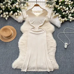 YuooMuoo Casual Comfy Knitted Long Dress Women Summer V-neck Elastic Solid Mermaid Dress Fashion Office Lady Korean Knit Bodycon