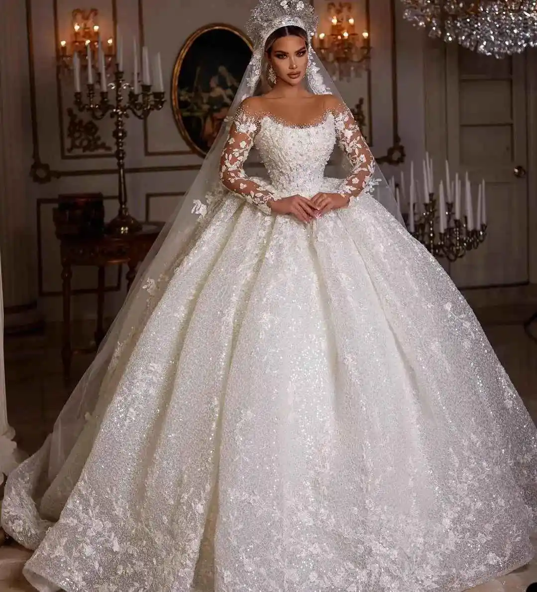 

Customized Luxury Wedding Dresses Long Sleeves Sequins Beads Sheer Neck Appliques Glitter Tulle Bride Gowns Vestido de Noiva