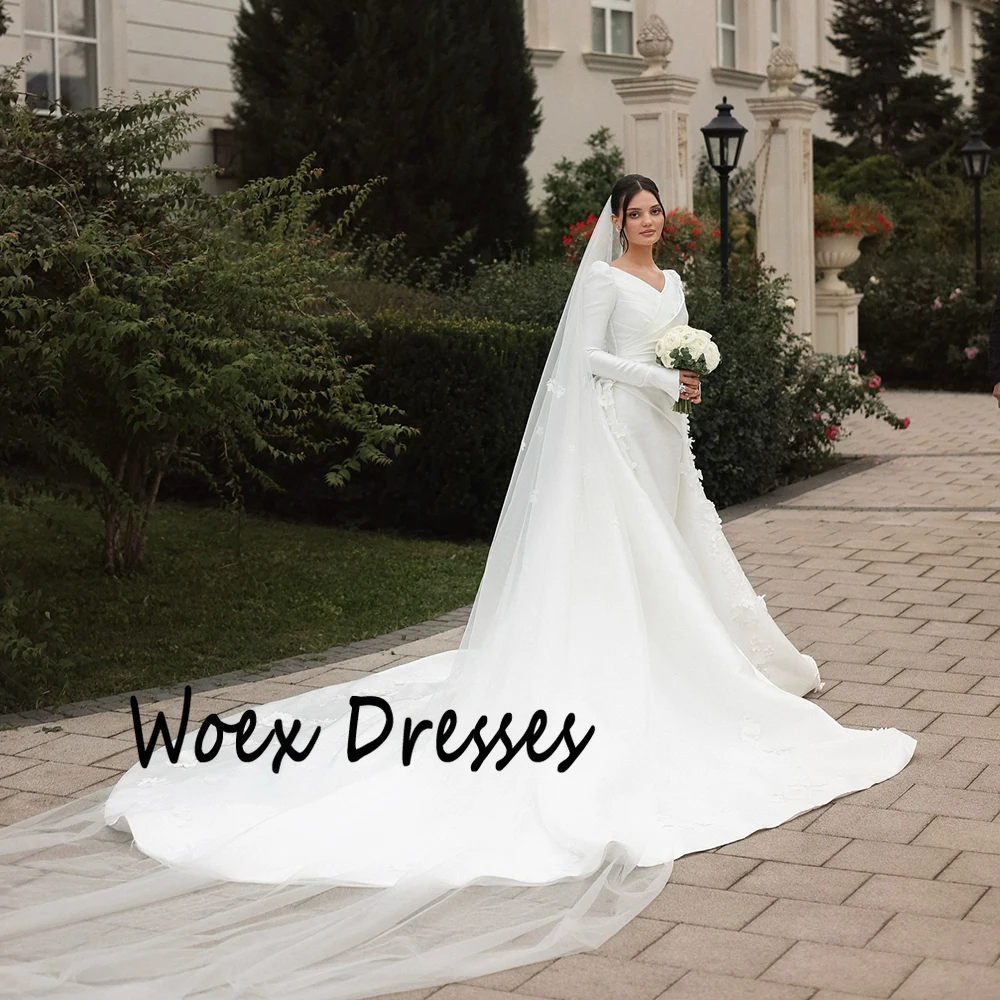 Customized V-neck Appliques Full Sleeves Satin Wedding Dress Watteau Train Mermaid Pleat Bride Gown Floor Length Wedding Gown