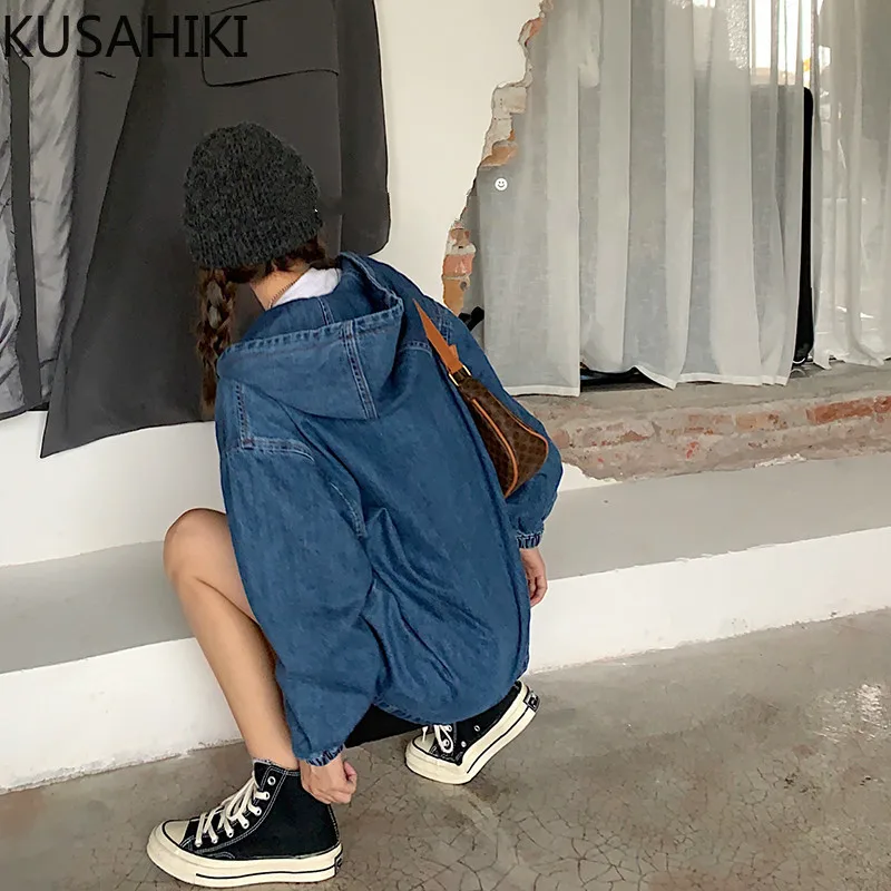 KUSAHIKI Jeans Hooded Sweatshirt 2023 Autumn Causal Long Sleeve Women Hoody Korean Drawstring Pocket Demin Hoodie Jumper 6C511