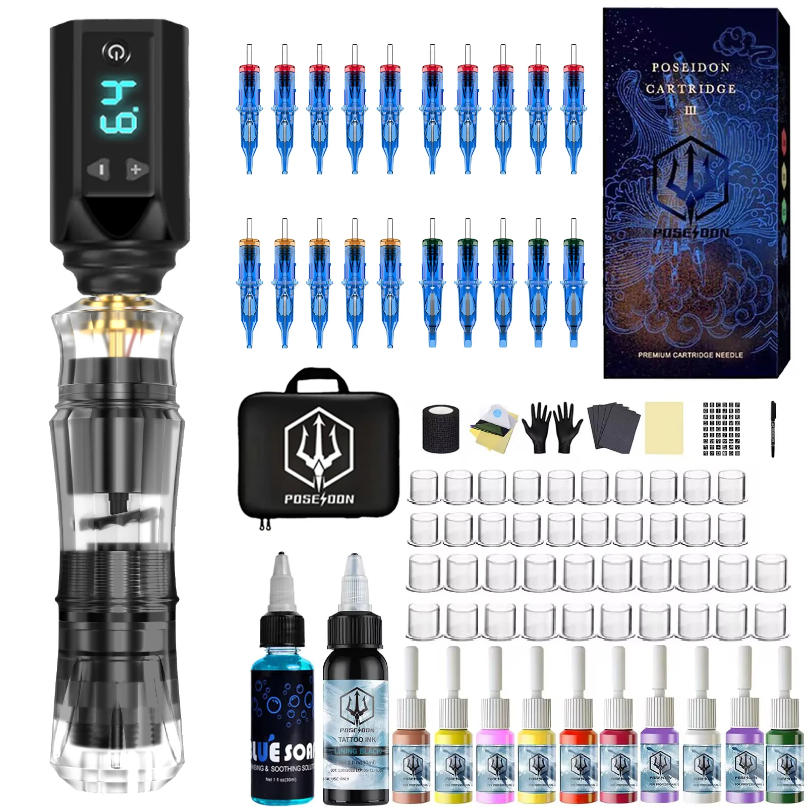 طقم الوشم POSEIDON طقم أقلام الوشم الجديد لمجموعة ماكينة الوشم للمكياج الدائم بشكل شفاف طقم الوشم لإمداد الطاقة