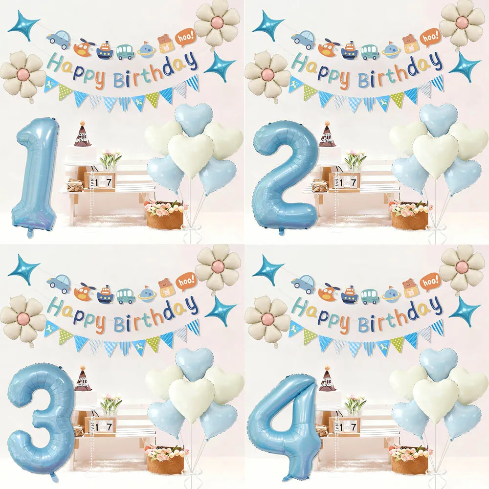 1 Set Auto-Geburtstagsbanner, Gänseblümchen-Herz-Ballon, blaue Zahlen-Folienballons für Kindergeburtstagsfeier-Deko, Baby-Shower-Zubehör