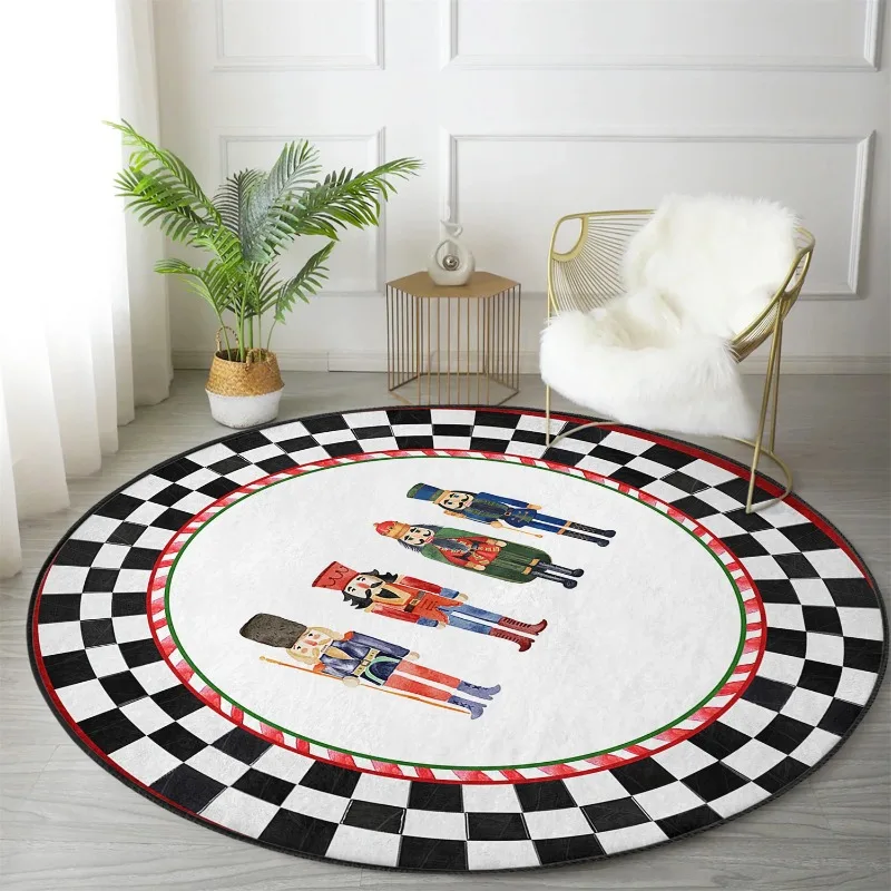 Tin Soldier Round Rug Nutcracker Carpet Christmas Non Slip Circle Rugs Checkers Rubber Backing Mat Toy Area Rug for Kids Bedroom