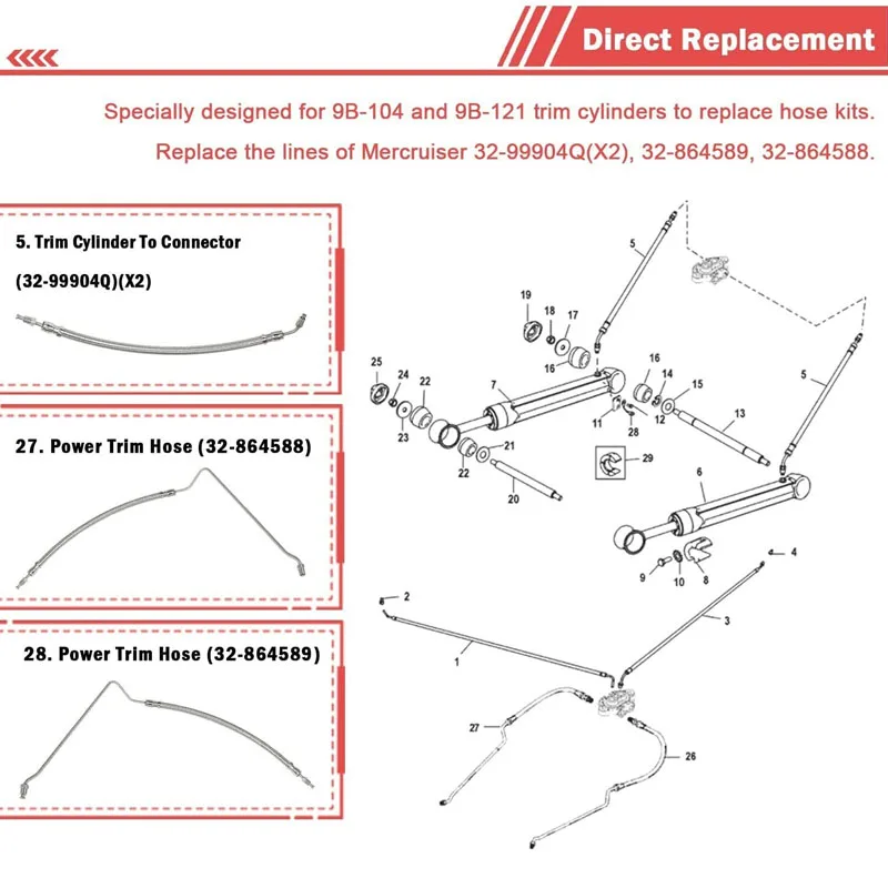 32-99904Q Outboard Trim Tilt Hydraulic Ram Cylinder Hose Kit Fit for Mercruiser Alpha One I Gen I 16-3/16\