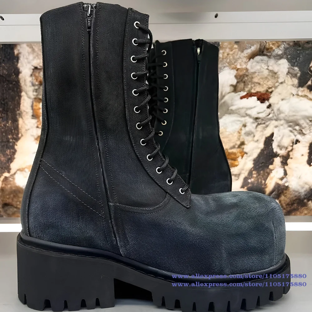 Black Denim Men's Boots Thick-Soled Side Zipper Lace-Up Round Toe Booties Luxury Designer Trendy Men's Boots Botas Mujer