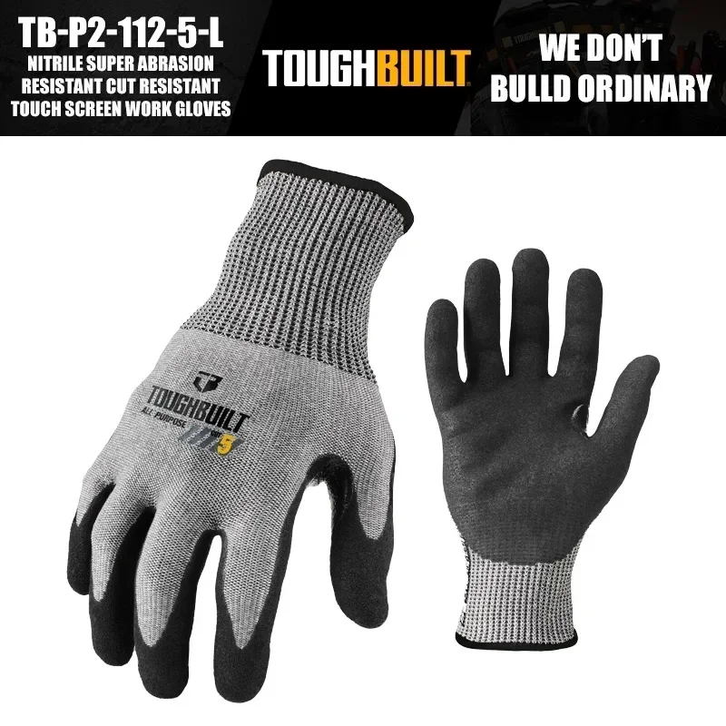 ToughBuilt TB-P2-112-5-L Nitrile Super Abrasion Resistant Cut Resistant Touch Screen Work Gloves Protective Tools Accessories