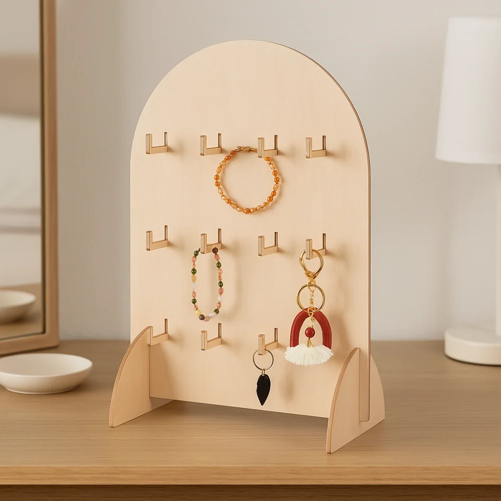 Wooden Earring Display Rack Arch 3 Layers Jewelry Storage Rack Detachable Hook Style Bracelet Organizer Rack Home Organization