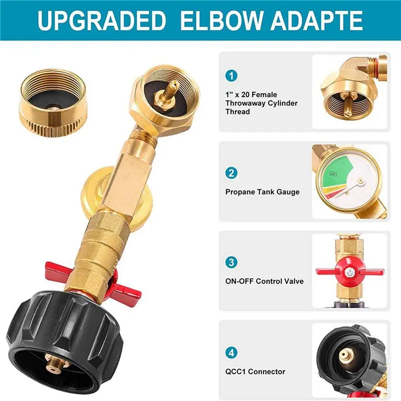 Y50A-2X QCC1 Propane Refill Elbow Adapter With Propane Tank Gauge,90 Degrees Propane Refill Adapter With ON-Off Control Valve