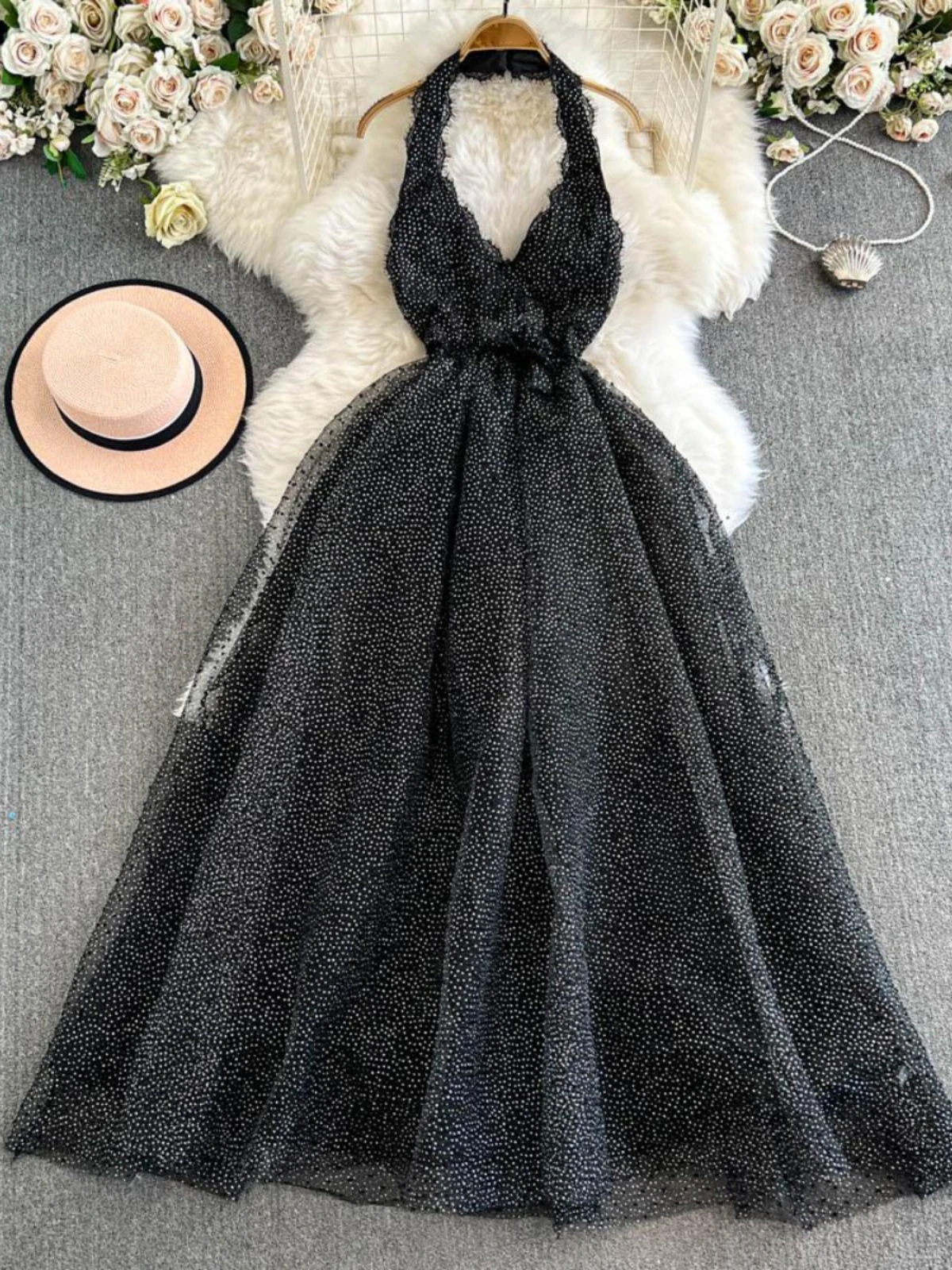 

French V-neck Halter Dresses for Women Black Polka Dot Backless Mid-length Banquet Vestidos Female Sexy A-line Dresses New