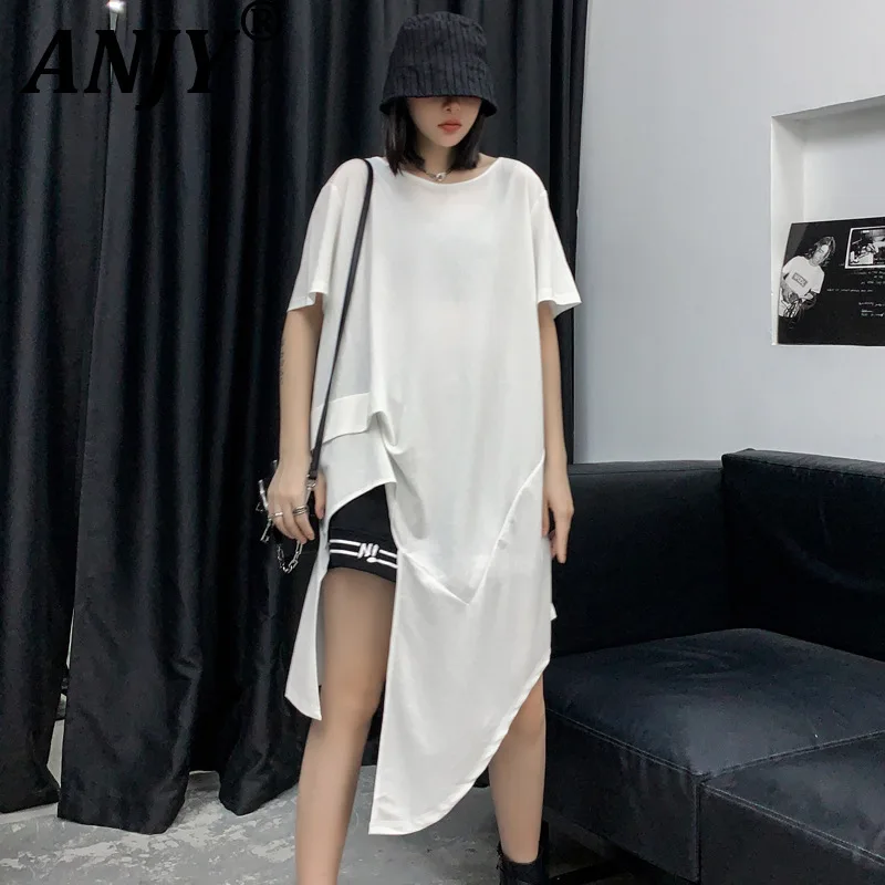 ANJY Summer New Women Fashion Irregular Short Sleeve Pullover T-shirt Dress Simple Personality Loose Versatile Casual Top A21495