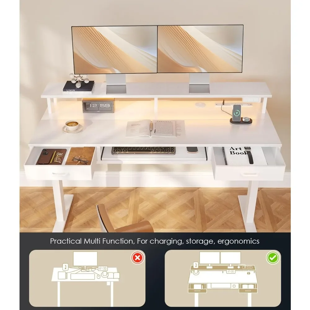 Meja Berdiri Elektrik 55-Inci yang Dapat Disesuaikan Tingginya dengan Laci, Rak Keyboard, Stopkontak, dan Lampu LED