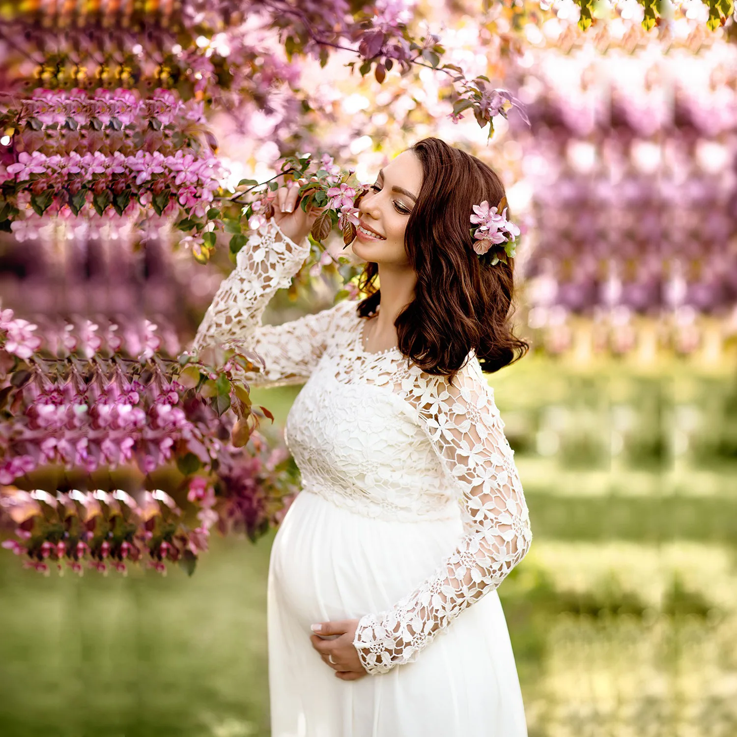 Sexy Maternity Photoshoot Dress with Floral Lace & Chiffon | Front Round Neck Long Sleeve Floor-Length Gown Photography