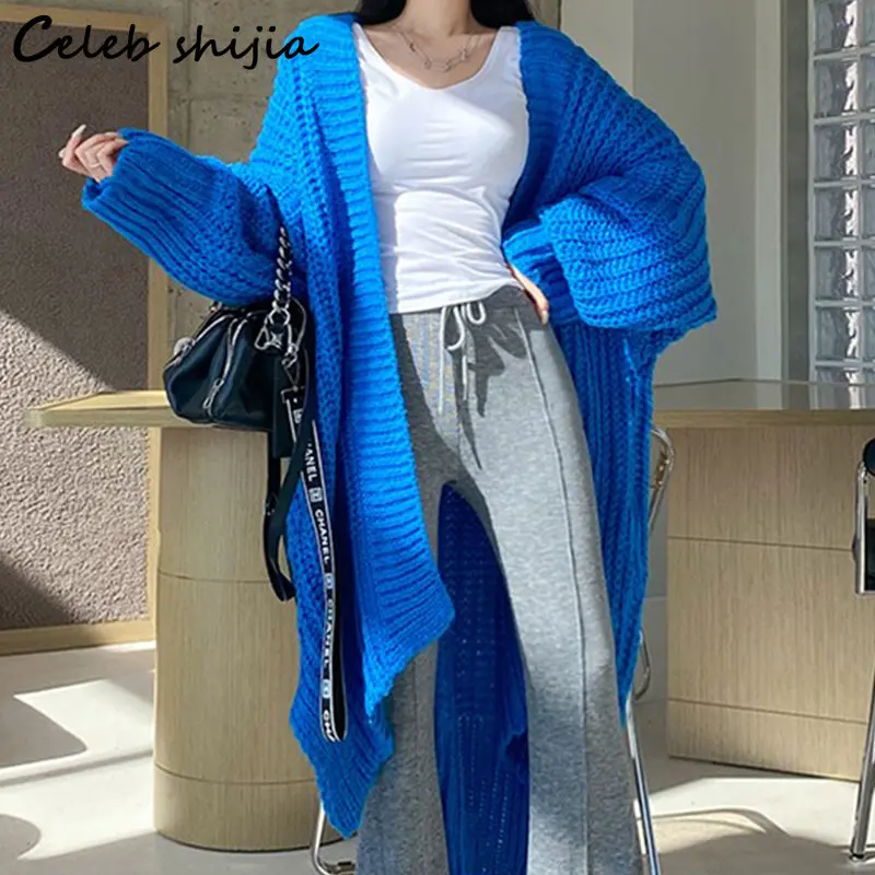 

Apricot Long Knit Cardigan Women 2023 Winter Oversized Loose Thicken Knitwear Open Stitch Harajuku Street Sweater Women Cardigan