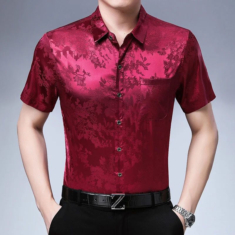 2018 Latest style mens summer silk floral dress shirt fashion striped male silk clothes short sleeve silk shirt for man