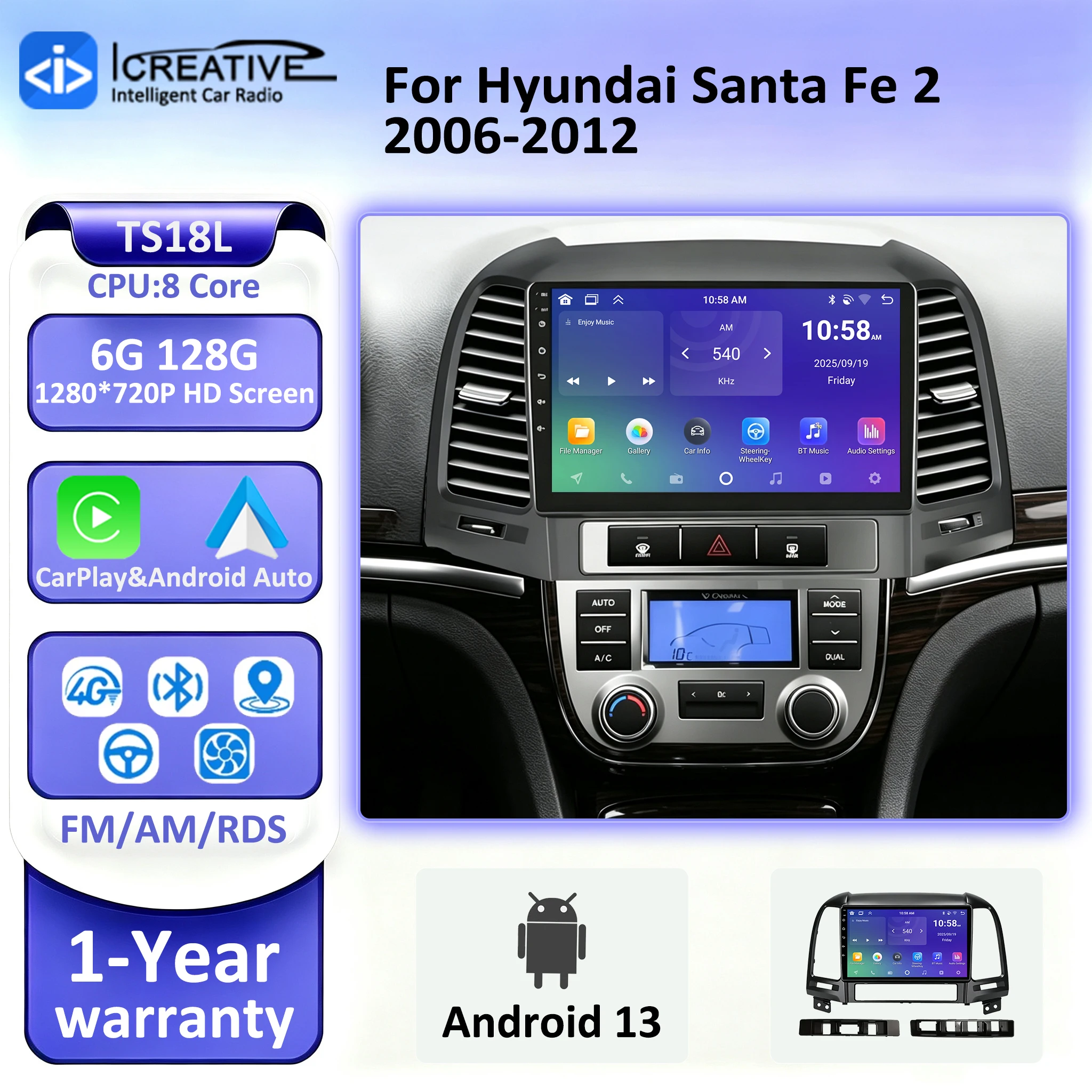 9 Inch Car Radio For Hyundai Santa Fe 2 2006-2012 Multimedia Video Player Wireless CarPlay Android Auto GPS Navigation 2 DIN HU