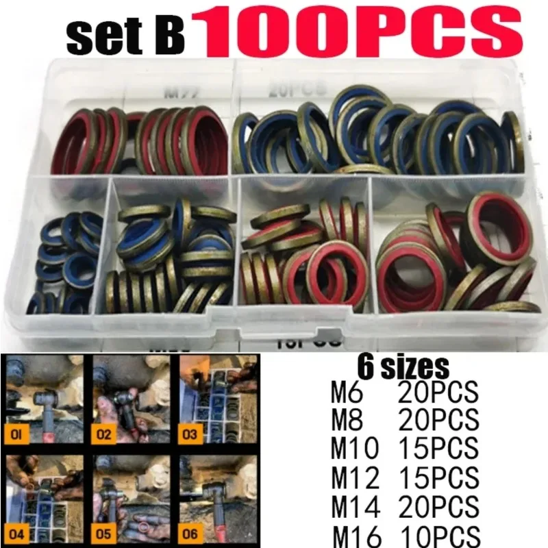100/245pcs Sealing Gasket Set Oil Drain Combined Washer Seal, M6-16, M6-M30 Combination Pad Repair Box Oil Screw Sealing Gasket