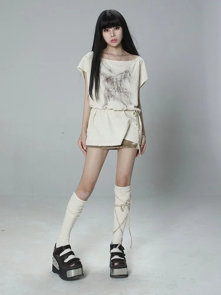 2025Y2k Esthetische Vintage Abrikoos Afdrukken Tees Zomer Streetwear Skew Kraag T-shirts Vrouwen Harajuku Grunge Bandage Losse Tops