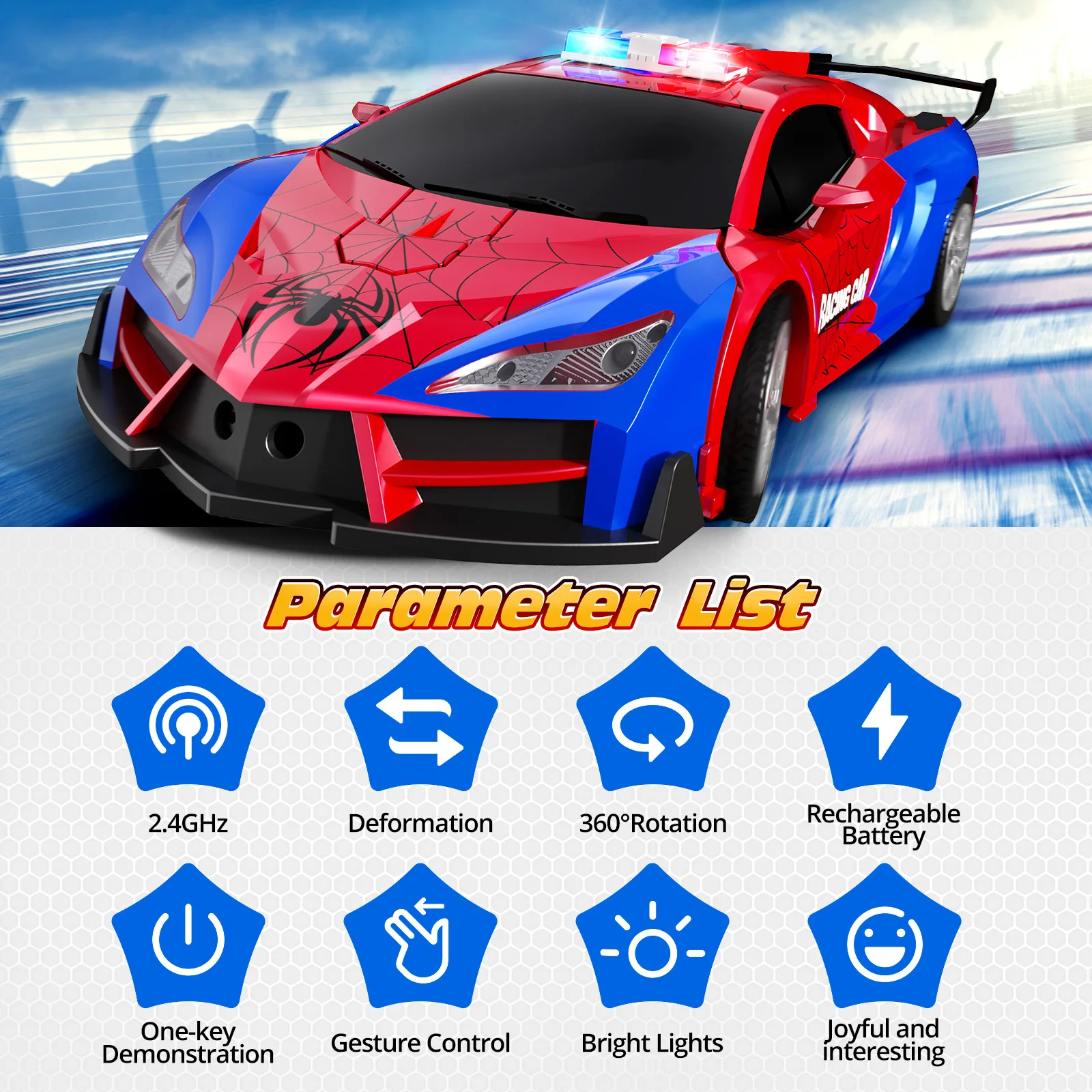 Carro de controle remoto-detecção de gestos, transformar carros RC para crianças, brinquedo robô de transformação de um botão de 2,4 GHz com luzes LED