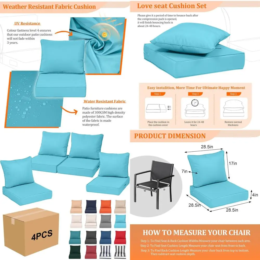 Lake Blue Waterproof Outdoor Patio Chair Cushions Set