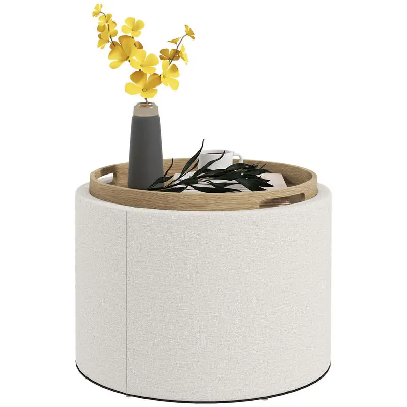 Hocker Polsterhocker, Leinen, versteckter Stauraum, umkehrbarer Deckel, 5,6 cm x 56 cm x 42 cm, Creme + Natur