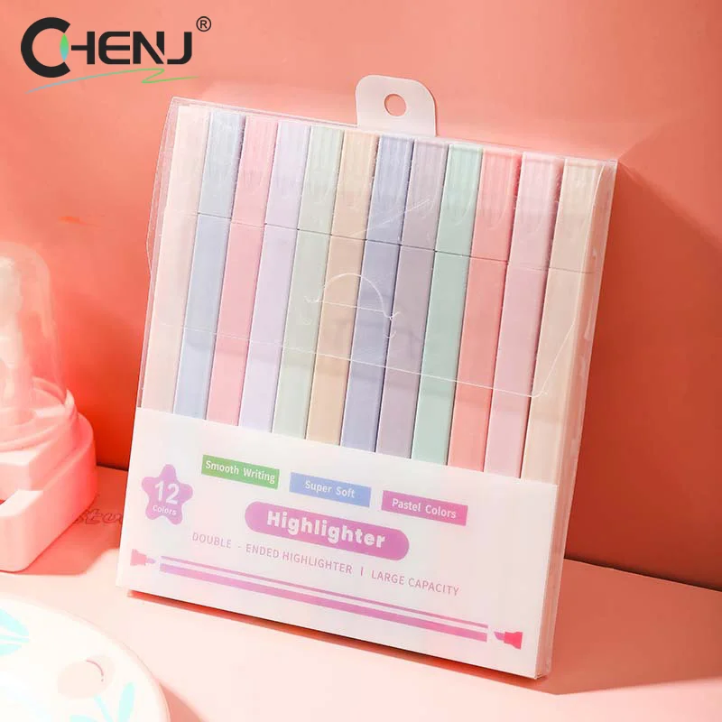 12 Colors/box Fluorescent Highlighter Pens Double Headed Pastel Highlighters Stationary Supplies Kawaii Colored Markers Pens