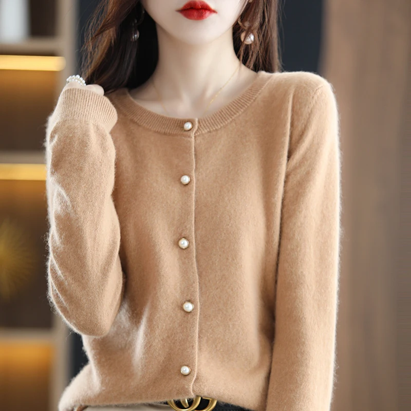 Cardigan Women's Jacket Sweater 100% Pure Wool Spring and Autumn Short Round Neck Long Sleeve Small Fragrance Bottom Knit Loose