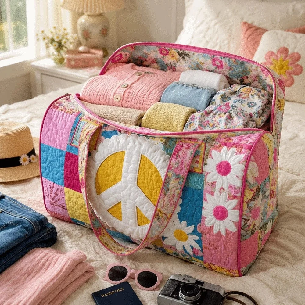 Retro Large Capacity Quilted Duffle Bag Flower Printed Travel Duffel Bag Colorful Dog Gym Tote Bag Gym