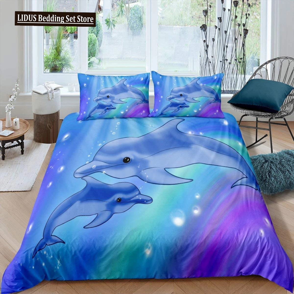 Dolphin Duvet Cover Set Cute Kawaii Wild Animals King Queen Full Size Polyester Bedding Set For Boys Girls Comforter Cover