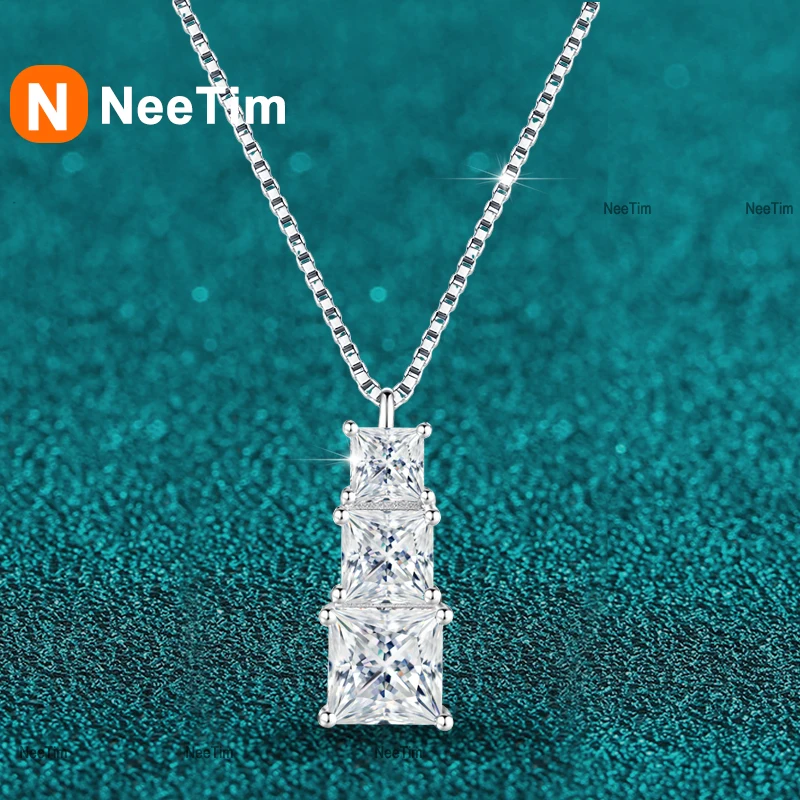 NeeTim Full Princess Cut Moissanite Necklace Pendant 925 Sterling Silver Link Box Chain Necklace Gift for Women Wedding Jewellry