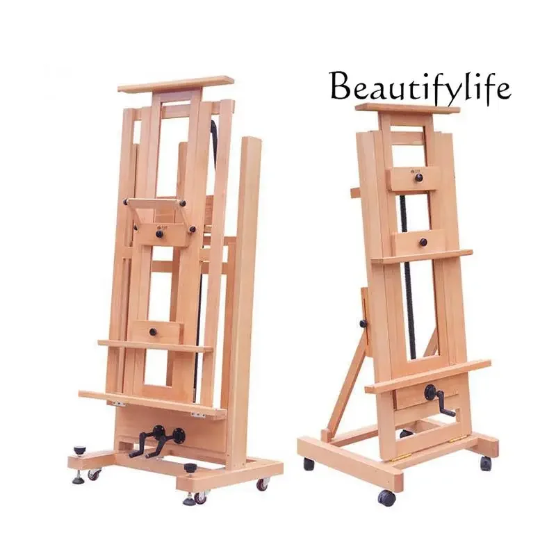 Floor-Type Flat Oil Easel Single Hand-Cranked Easel Forward and Backward Wooden Adjustable