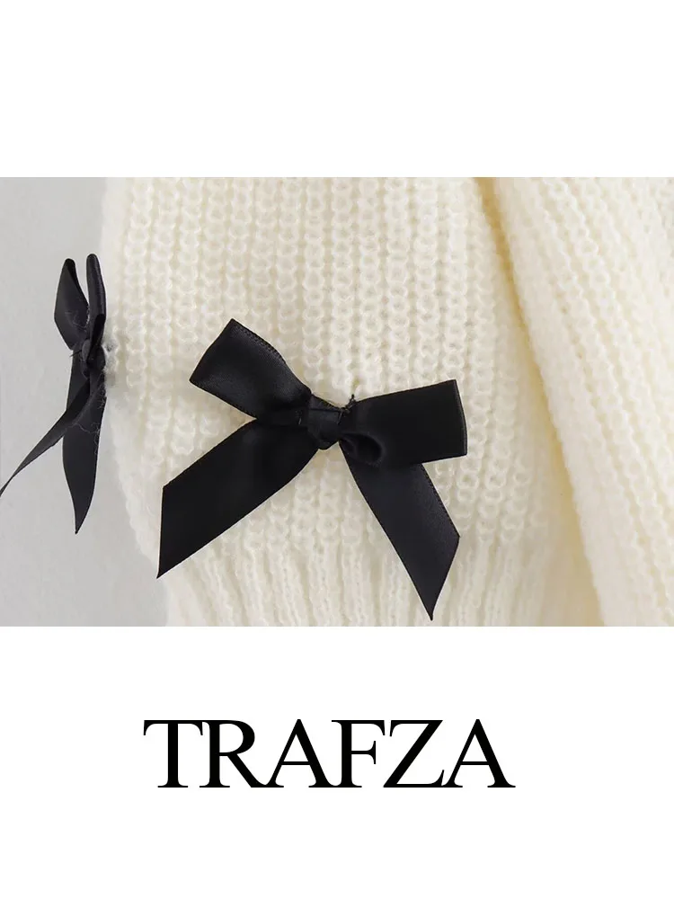 TRAFZA 2024 Woman White Sweater Knitted O-Neck Short Sleeves Women's Top Chic Bow Decoration Wild Casual Female Pullover Tops