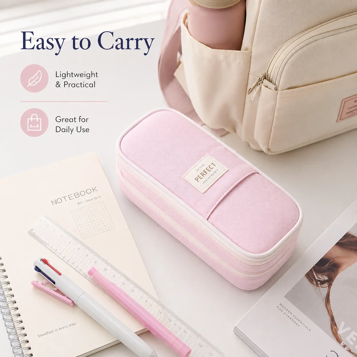 Large Capacity Kawaii Ins Pencil Pouch, Double Window Thickened Anti-Tear Fabric, Daily School Storage Organizer