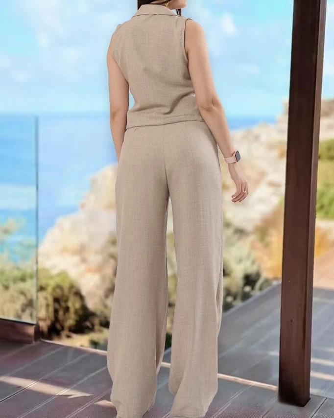 Leisure Women's Urban Style Set New Summer Solid Color Fake Two Piece Button Top and Lace Up Detail Pocket Design Long Pants Set