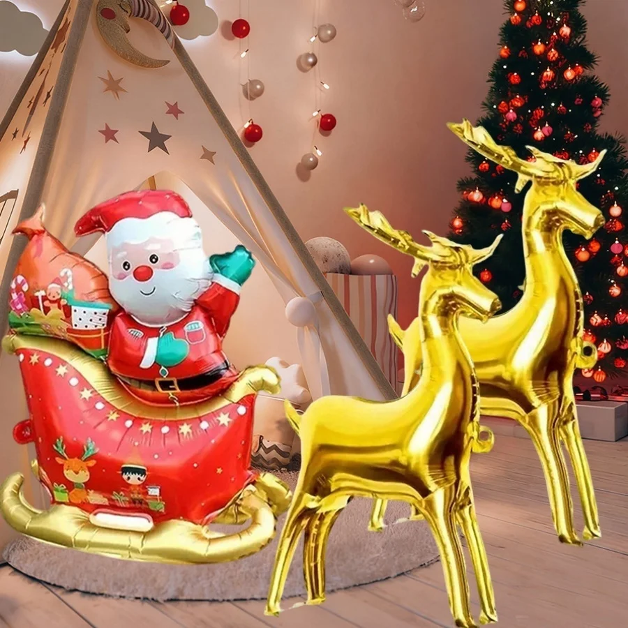 2pcs 4D Reindeer & 1PC Santa's Sleigh Foil Balloons Perfect for Christmas Party, Winter Themed Garden Decorations