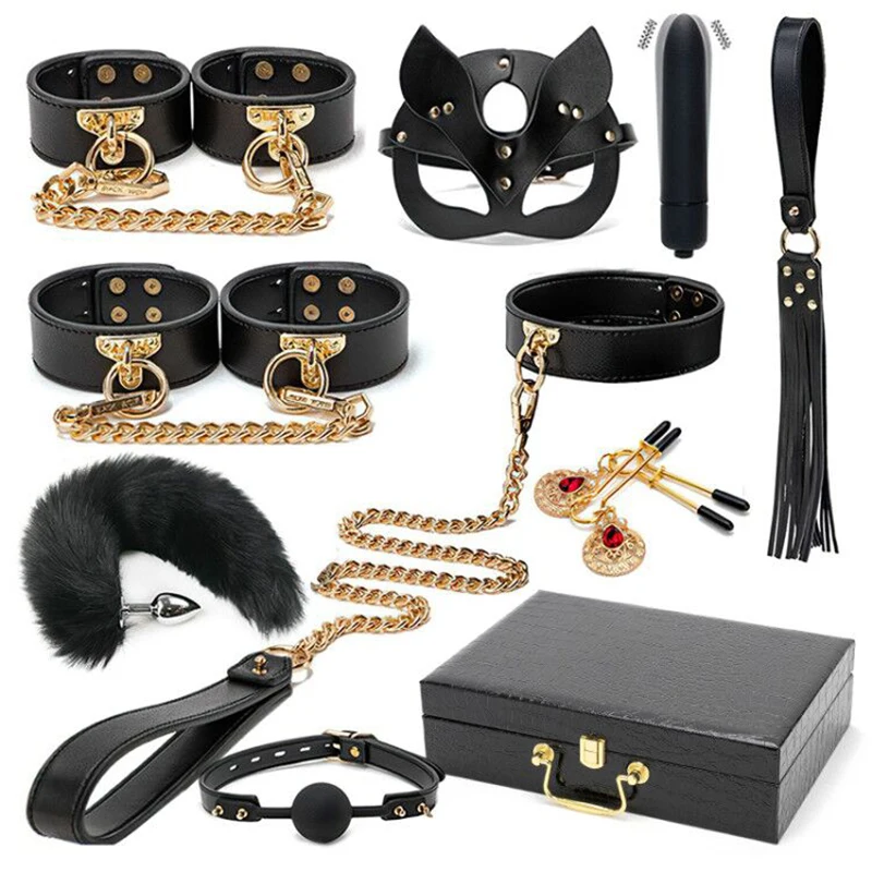 BLACKWOLF BDSM Bondage Kits Genuine Leather Bondage Set Handcuffs Collar Gag Vibrators Sex Toys For Women Couples Adult Games