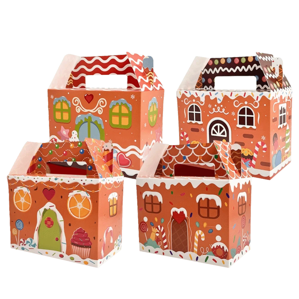 

12PCS With Handle Christmas Gift Box Gingerbread House Candy Cookies Merry Christmas Decoration Packaging Box Cartoon Design