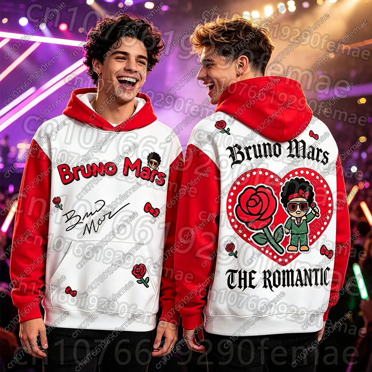 Bruno Mars The Romantic Tour Hoodie Unisex Redwhite Splice Hooded Sweatshirt Rose Cartoon Print Streetwear Concert Fan Pullover
