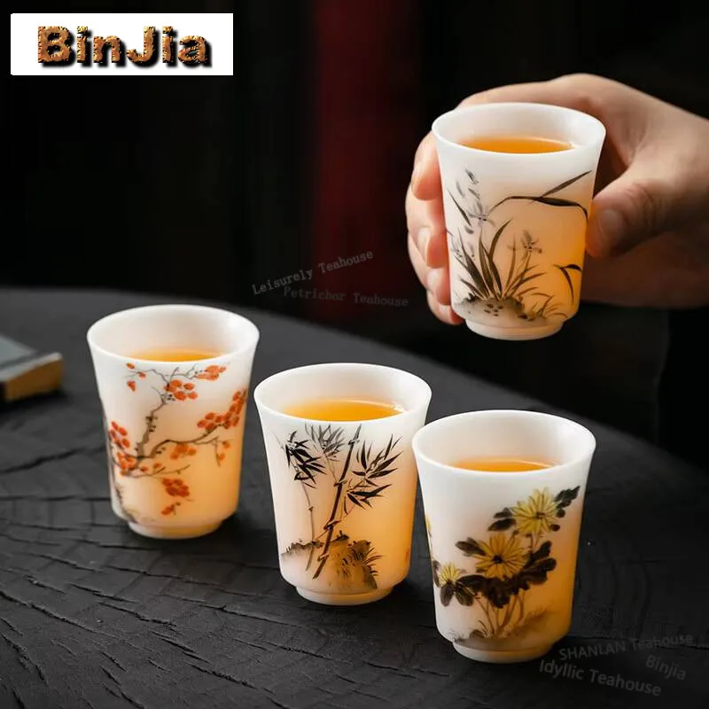 70ml Mutton Fat Jade Porcelain Handmade Master Cup Boutique Handpainted Teacup Luxury Mug Smelling Cup Cha Ornaments Craft