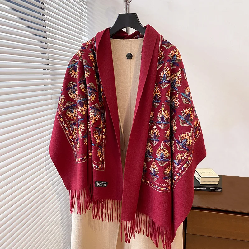 Bordado feminino Pashmina Lenços, Grosso, Calor, Borla longa, À prova de vento, À prova de água, Cobertor, Cachecol, Inverno, Elegante, 2022