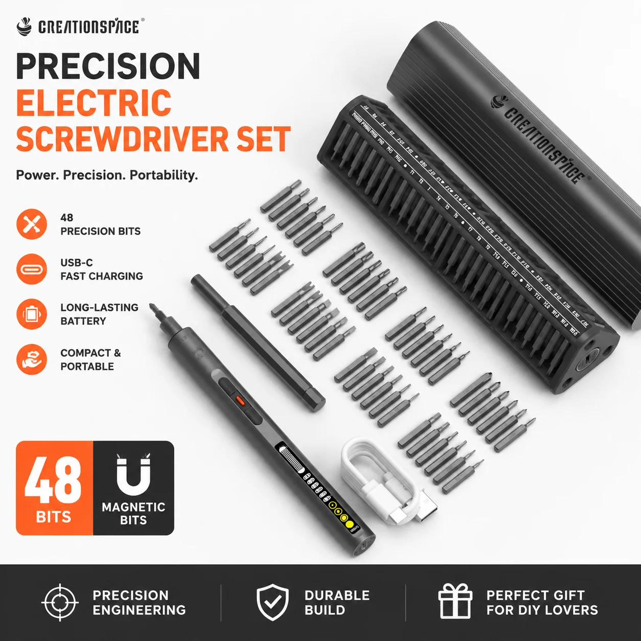 CREATIONSPACE Rechargeable Electric Screwdriver Kit 500mAh Battery 250RPM Magnetic Bit Holder for Phone Laptop Repair