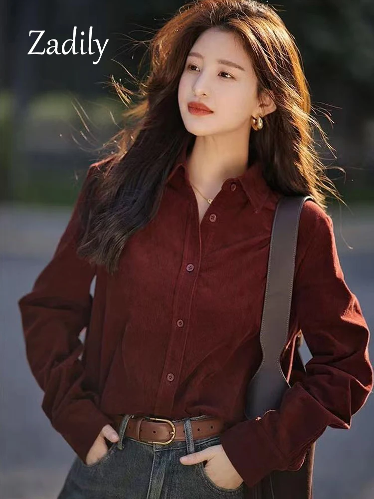 2024 Autumn Office Lady Long Sleeve Women Corduroy Basic Shirt Korea Style Button Up Thick Blouse Button Up Work Female Clothing