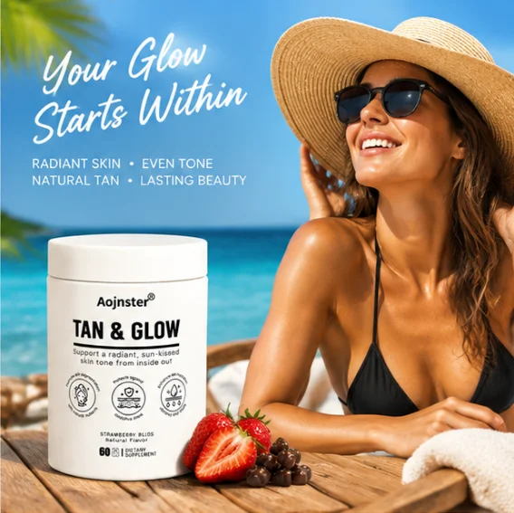 Tan & Glow Gummies, Strawberry Bliss Flavor, Support Sun‑Kissed Skin Tone, Skin Hydration & Antioxidant Care,60 Gummies