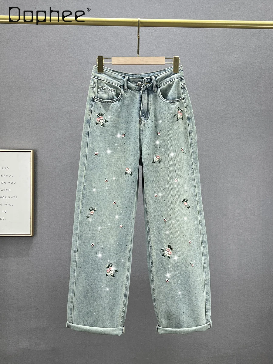 

Chinese Style Baggy Jeans Women's Wide Leg Pants 2024 Spring Loose High Waist Embroidered Flowers Rhinestones Denim Mop Trousers