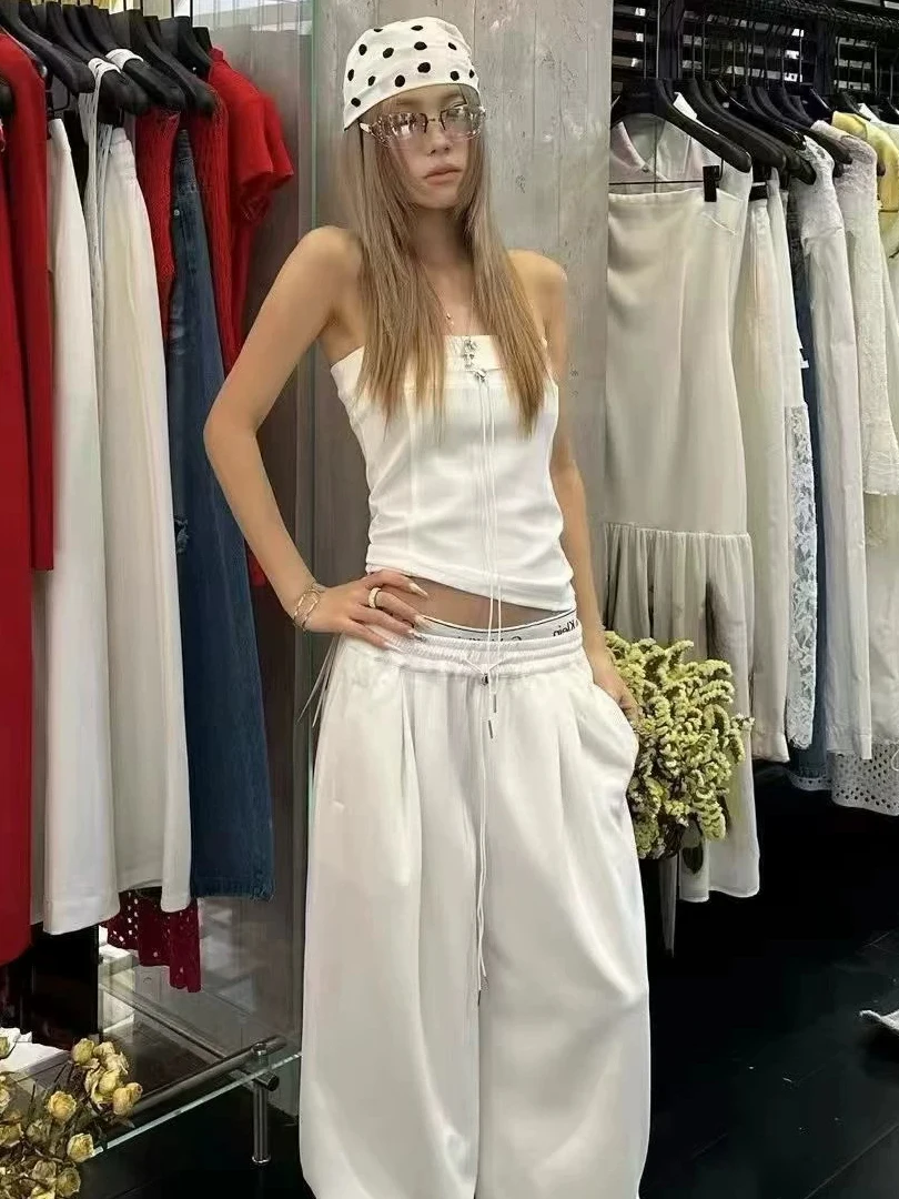 

American Style Sexy Backless Crop Top And High Waist Wide Leg Pants Two Piece Set Women's Fashionable Sunscreen Outfit