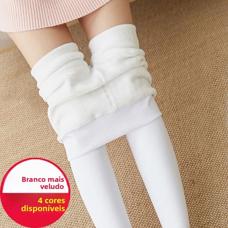 Calças Térmicas Fenas Brancas Forradas com Lã, Sem Costura, ssas, para Primavera, Outono e Inverno, Leggings Longas Qu...