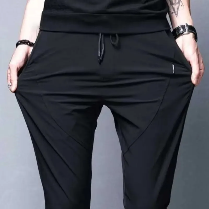 Open Crotch Spring Summer Ultra Thin Ice Silk Mens Casual Pants Slim Tapered Stretchy Versatile No Lint No Iron Smooth Fabric