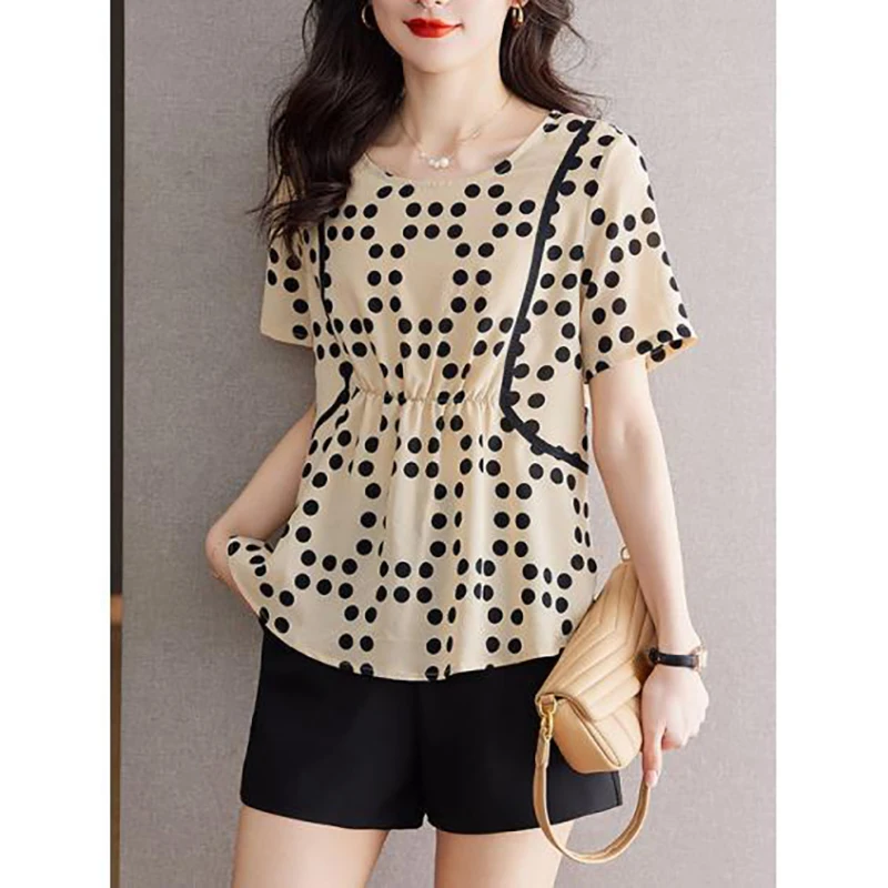 Elegant O-Neck Spliced Folds Polka Dot Chiffon Blouses Women\'s Clothing 2024 Summer New Loose Chic Tops Office Lady Shirts