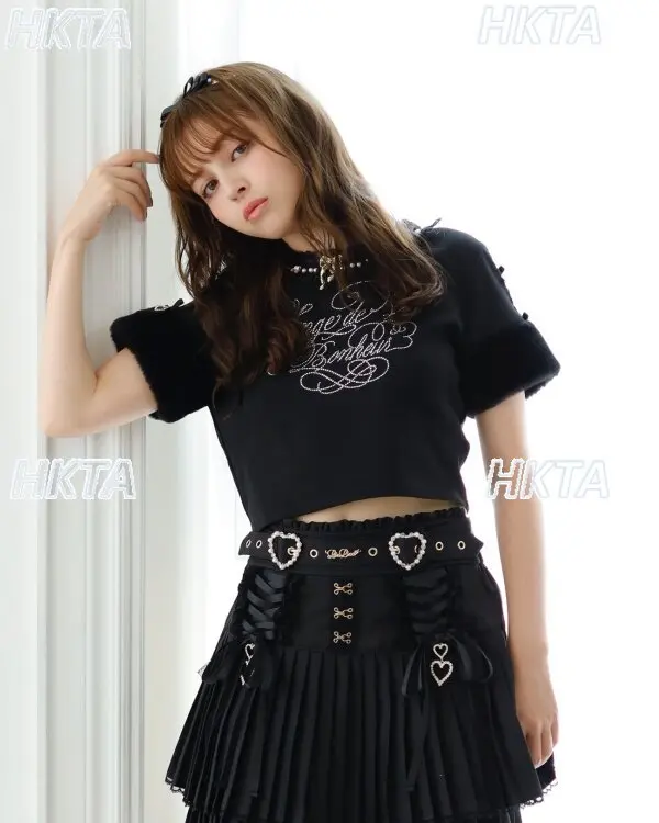 

Japanese Sweet Cute Rhinestone Letter Bow Lace Crew Neck Waist Short Sleeve T Shirt Short Top Summer Lolita Black Tshirt Women